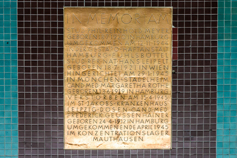 Auf dem Bild sieht man die Gedenktafel, die im Boden des Audimax eingelassen ist, die an Mitglieder der Weißen Rose erinnert, die von den Nazis umgebracht wurden.