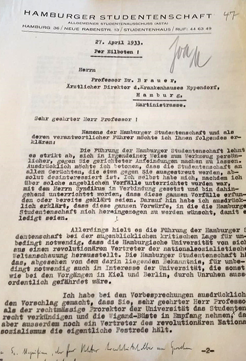 Letter from the Hamburg Student Union which demands a National Socialist statement, 1933