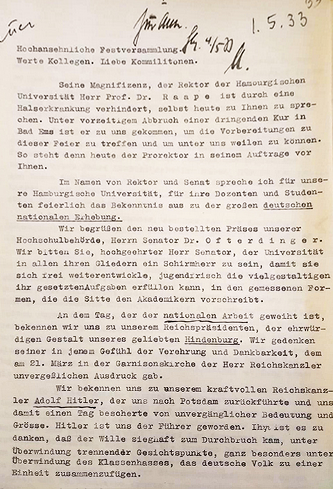 Confession to National Socialism by Vice-Rector Professor Dr. Brauer