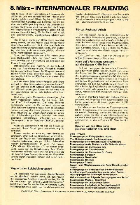 Informations about the international Womans day in 1976.