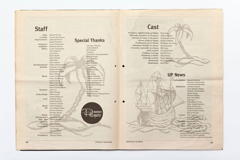 Page of the University Players News, No. 21 for the the production of The Tempest by William Shakespeare with the names of all the involed people