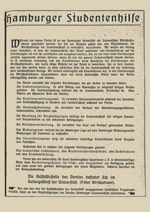 Hamburger Studentenhilfe flyer, 1922