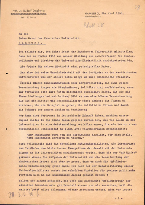 Protest Letter from Professor Rudolf Degkwitz against the lack of denazification at the university, 1948