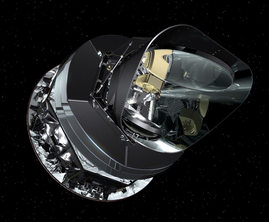 The colored image shows the Planck telescope floating in space. The telescope looks roundish and partly shines in silver.