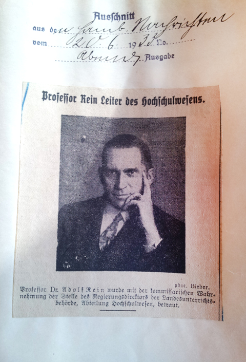 Zeitungsausschnitt über die Ernennung Adolf Reins zum Leiter des Hochschulwesens, 1933