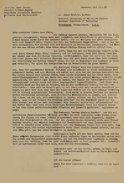 Letter written by Hans Jensen to Otto Stern