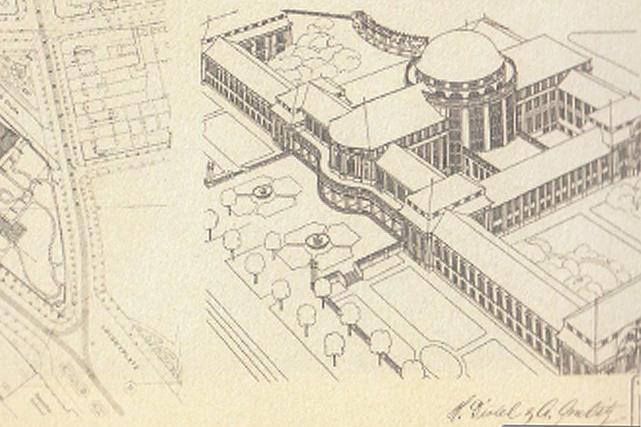 Entwurf des Vorlesungsgebäudes aus der Vogelperspektive, 1908