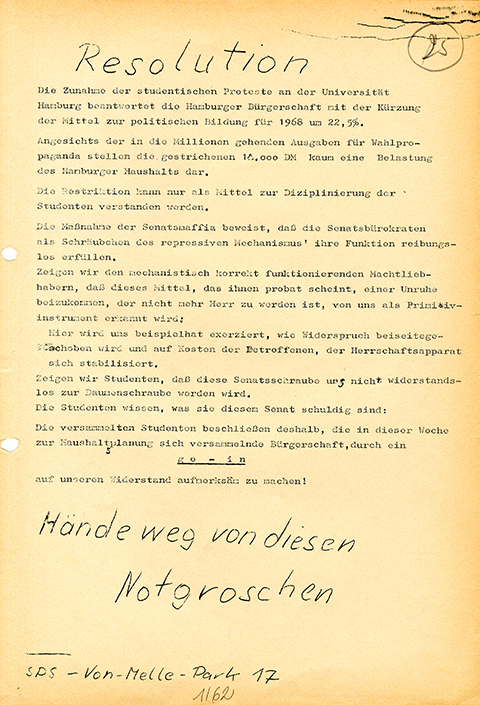 Flugblatt gegen die Kürzung der Mittel für politische Bildung in Hamburg, 1968