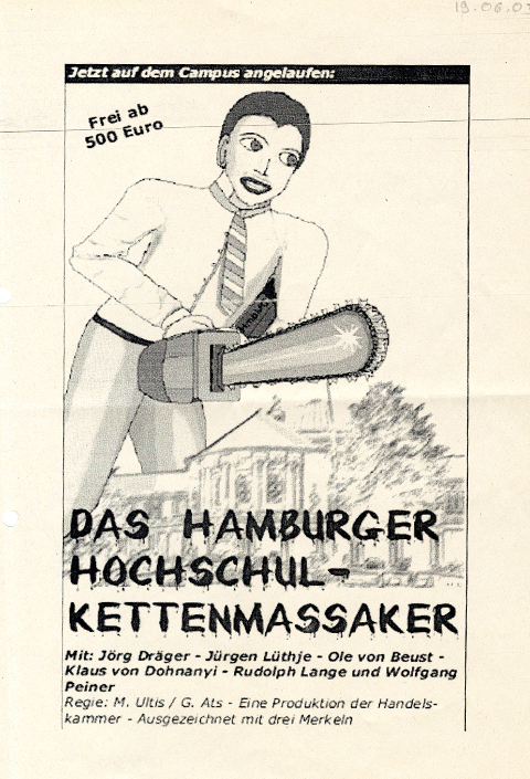 Satirisches Flugblatt gegen die Hochschulleitung und Politiker, 90er Jahre.
