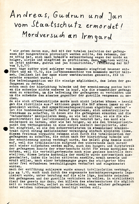 Flugblatt fordert Solidarität mit der RAF, 1977. Seite 1