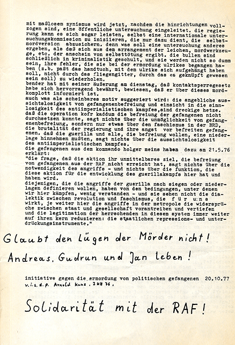 Flugblatt fordert Solidarität mit der RAF, 1977. Seite 2