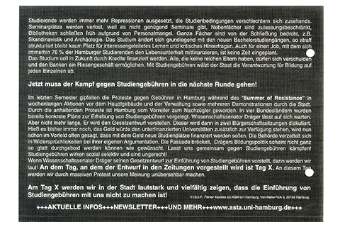 Flugblatt für einen Protest gegen Studiengebühren, 2005. Seite 2