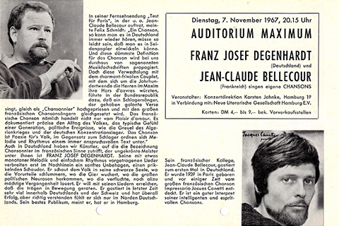 Flugblatt für Konzert von Franz Josef Degenhardt und Jean-Claude Bellecour