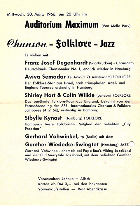 Flugblatt für Folklore und Jazz Konzert.
