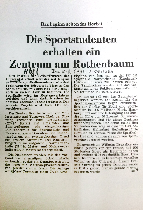 Zeitungsartikel zum Neubau des Sporthallenzentrums 1969