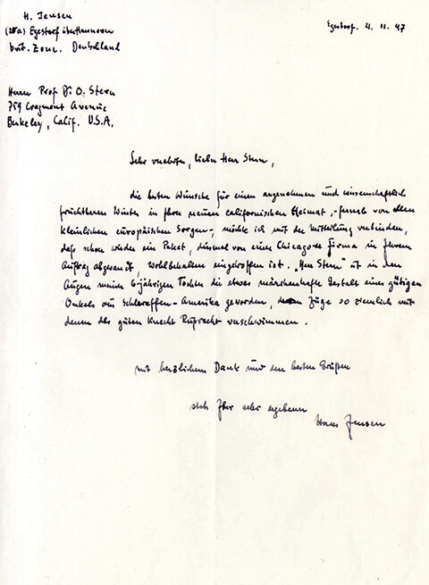 Thank-you letter from Hans Jensen to Otto Stern  for a care package, 1947