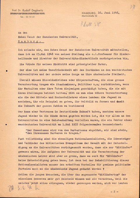 Protestbrief von Professor Rudolf Degkwitz gegen die Ausbleibende Entnazifizierung an der Universität, 1948.