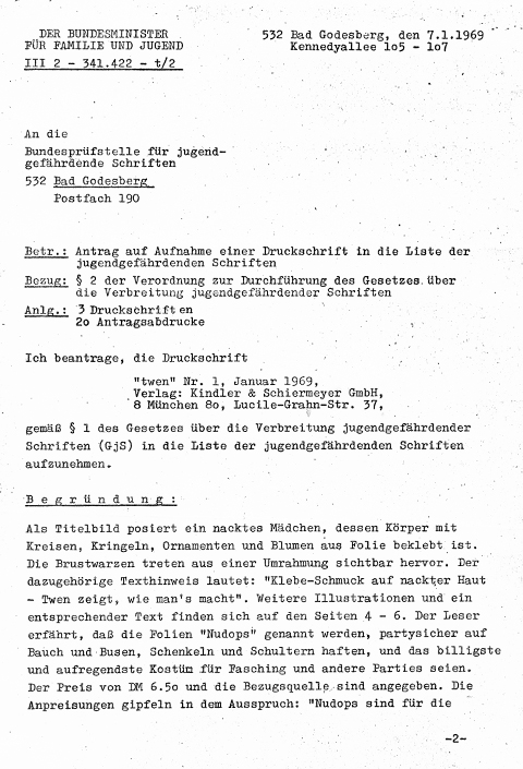 Antrag eines Bundesministers die Zeitschrift twen als jugendgefährdende Schrift aufzunehmen, 1969. Seite 1