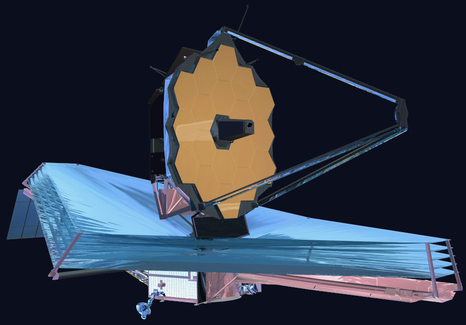 Die farbige Abbildung zeigt das im Weltraum schwebende James-Webb-Teleskop.