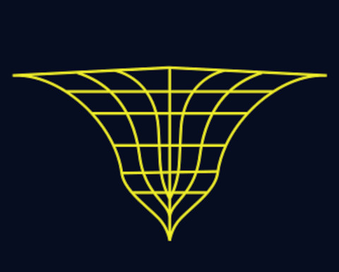 Curved yellow lines on a black background start from a point and diverge in a funnel shape.