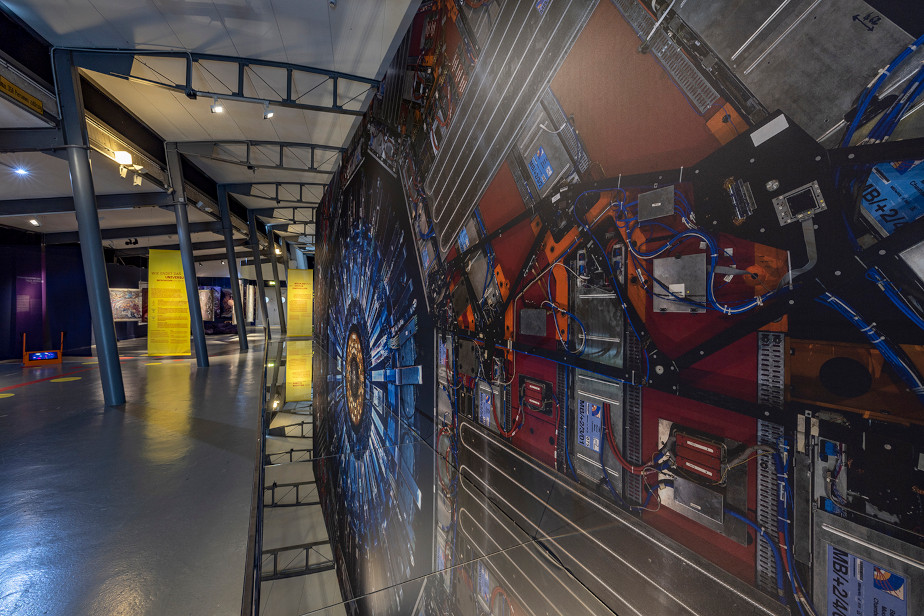 Photo from the exhibition: a huge canvas can be seen, which together with its own reflection in mirrors on the floor shows the cross-section of the CMS detector in original size. On the left, the ceiling and other exhibits are visible.